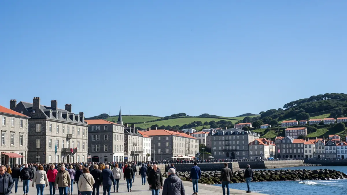 Imaxe xenérica do ceo despexado sobre a costa da Coruña con edificios de granito.