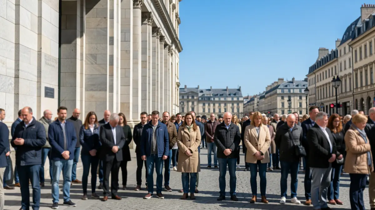 Imagen genérica de un minuto de silencio en una plaza con arquitectura de granito.