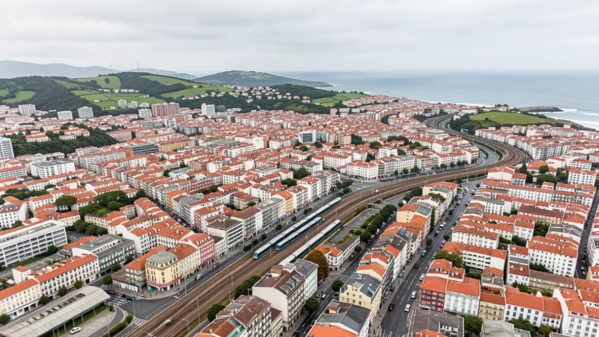 Vista aérea dunha área urbana densa coa rede de estradas e transporte público da área metropolitana da Coruña, Galicia.