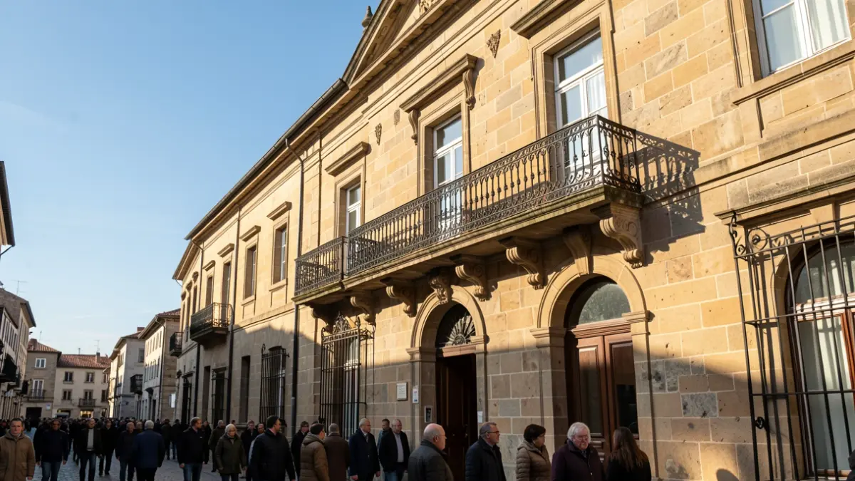Imagen genérica de un ayuntamiento de piedra gallego con balcón ornamentado y barandillas de hierro, cálida luz solar de la tarde proyectando sombras en las paredes de arenisca, cielo azul, estilo fotografía documental.