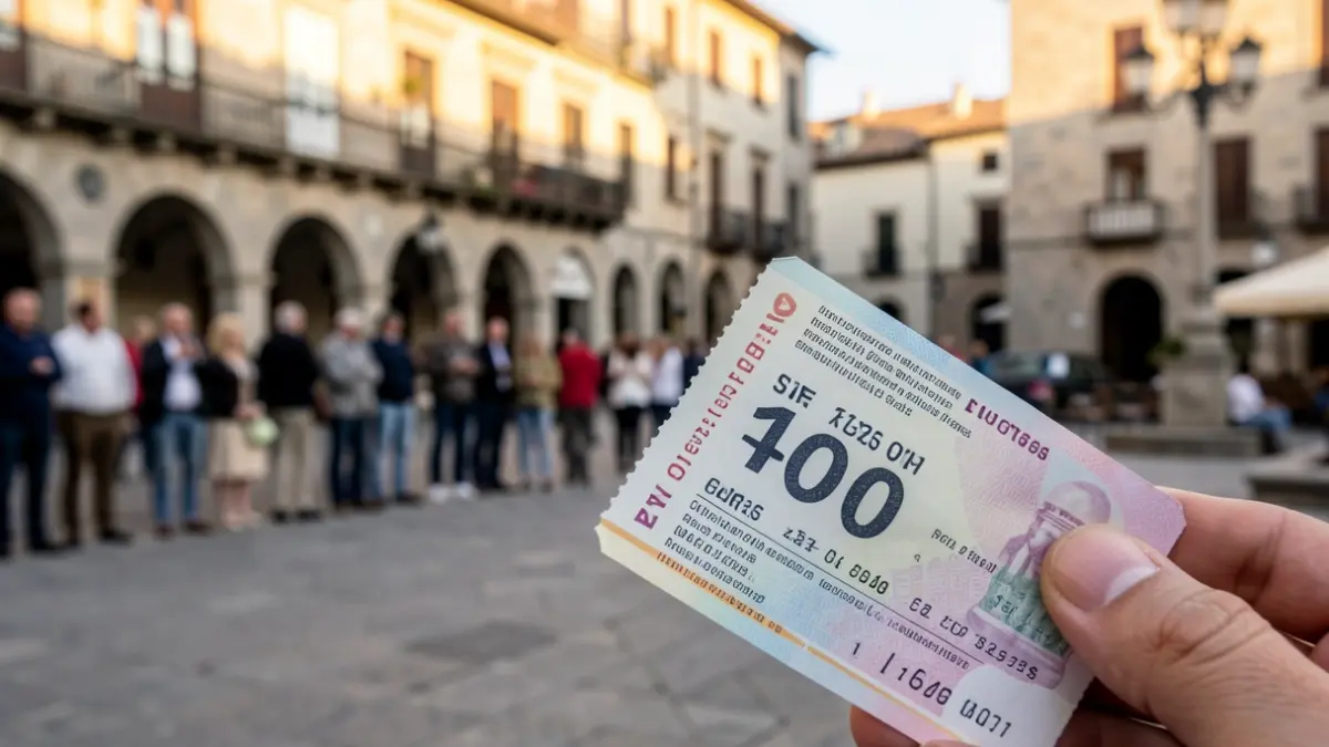 Primer plano de un boleto de lotería con un gran premio, fondo desenfocado de una plaza española con arquitectura de granito, cálida luz de tarde.