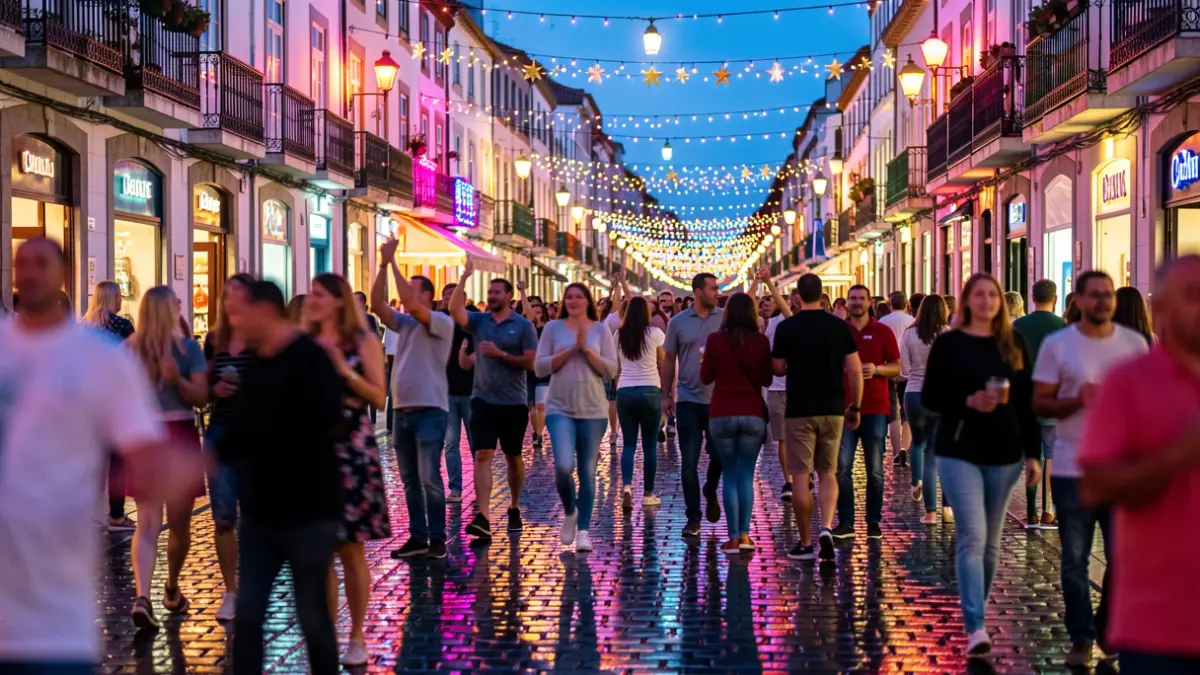 Imagen genérica de una calle de A Coruña durante la noche de San Juan, con gente celebrando y luces reflejando en el suelo mojado.