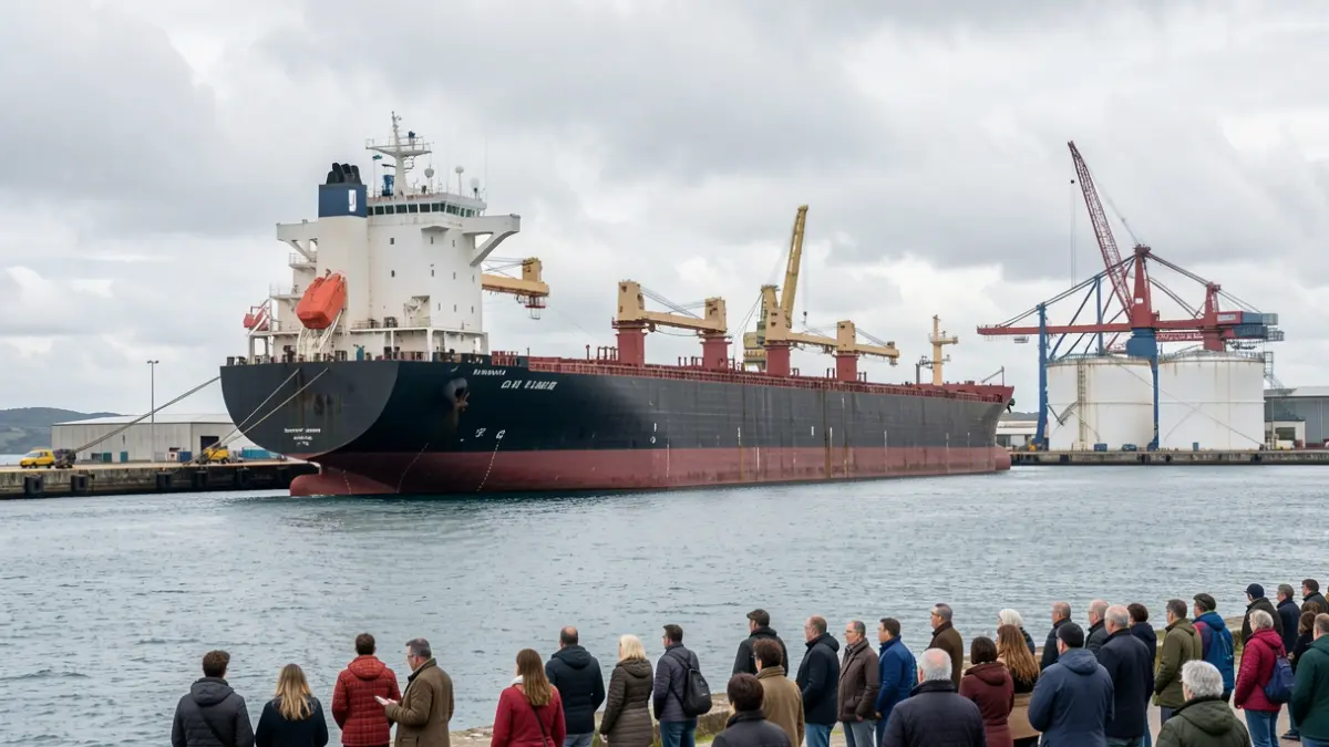 Imaxe xenérica dun petroleiro atracado nun porto industrial galego.
