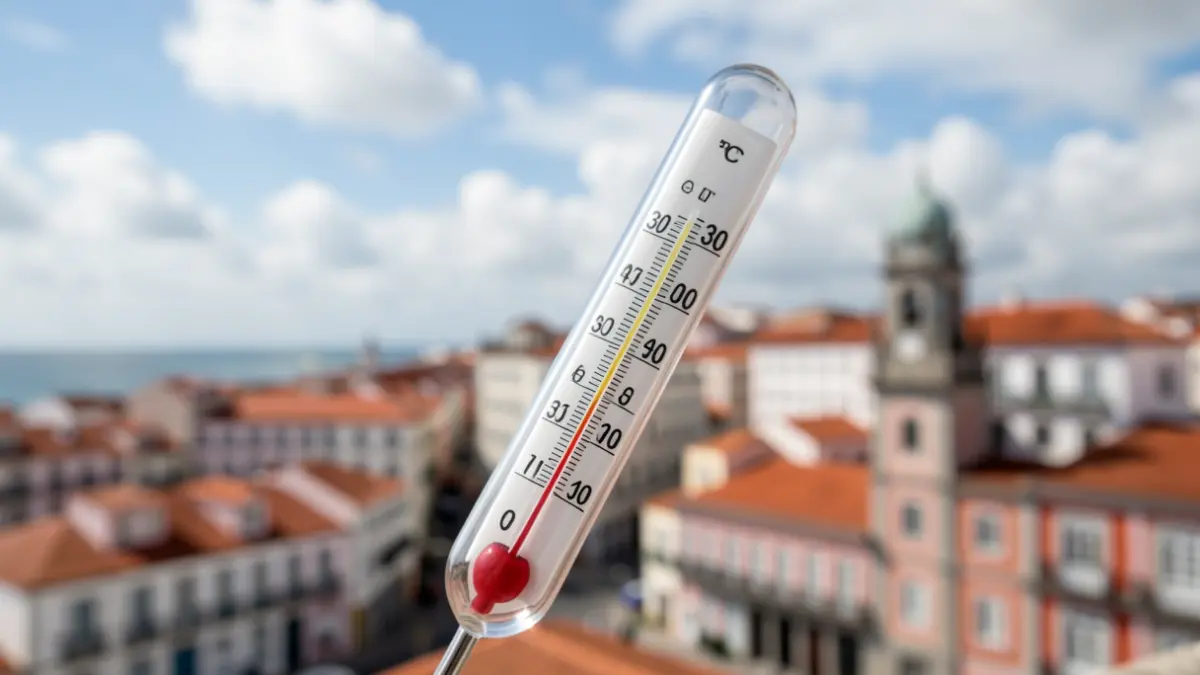 Imaxe xenérica dun termómetro marcando 30 graos cunha vista urbana de A Coruña ao fondo.