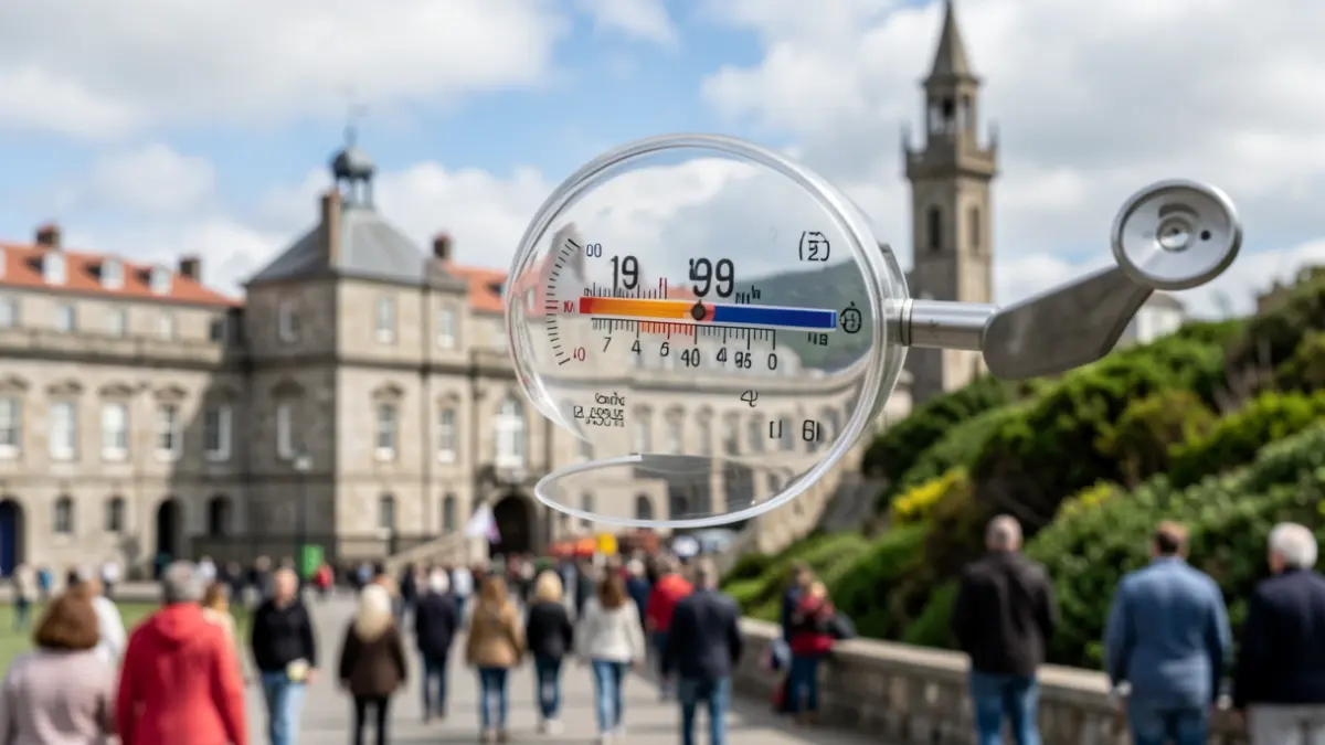 Imagen genérica de un termómetro con una temperatura muy alta y el fondo de la ciudad de A Coruña.