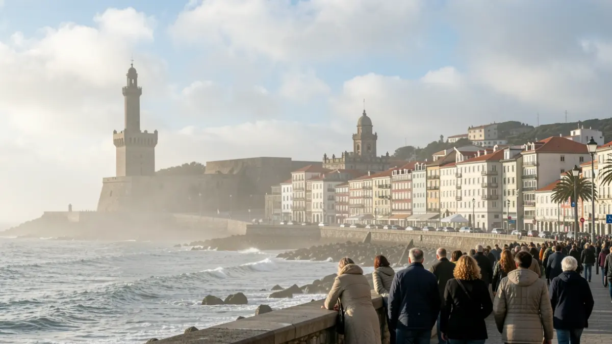 Imagen genérica del paisaje urbano de A Coruña con la Torre de Hércules al fondo y nieblas matutinas.