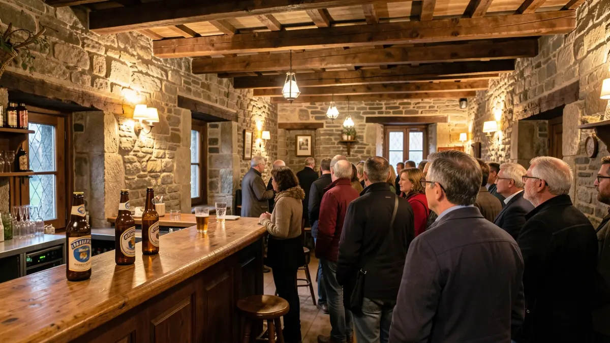 Imaxe xenérica dun bar de música folk galega con paredes de pedra e detalles de madeira.