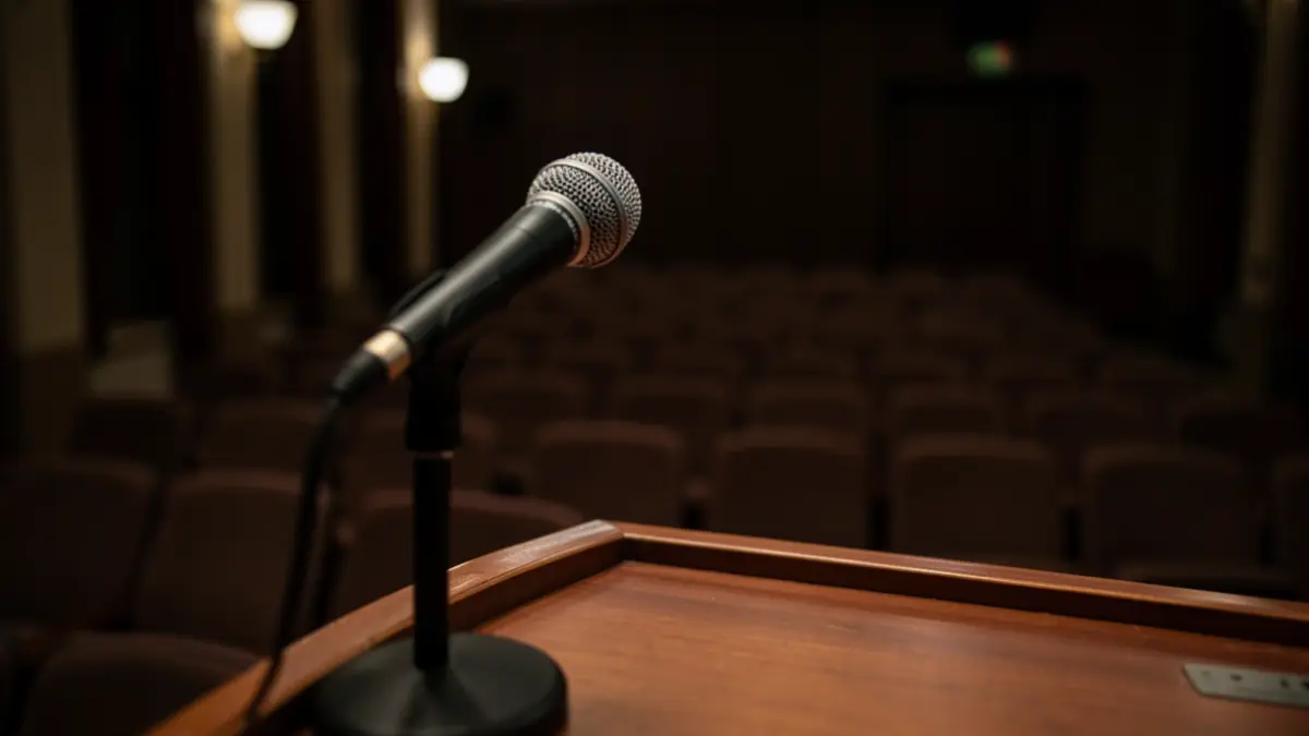 Imagen genérica de un micrófono en un atril vacío en un auditorio.