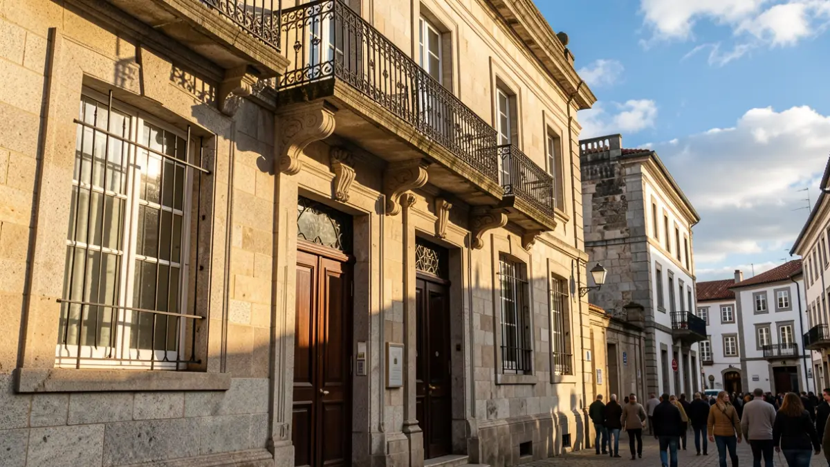 Imaxe xenérica dun concello galego de granito con balcón de ferro e luz solar.