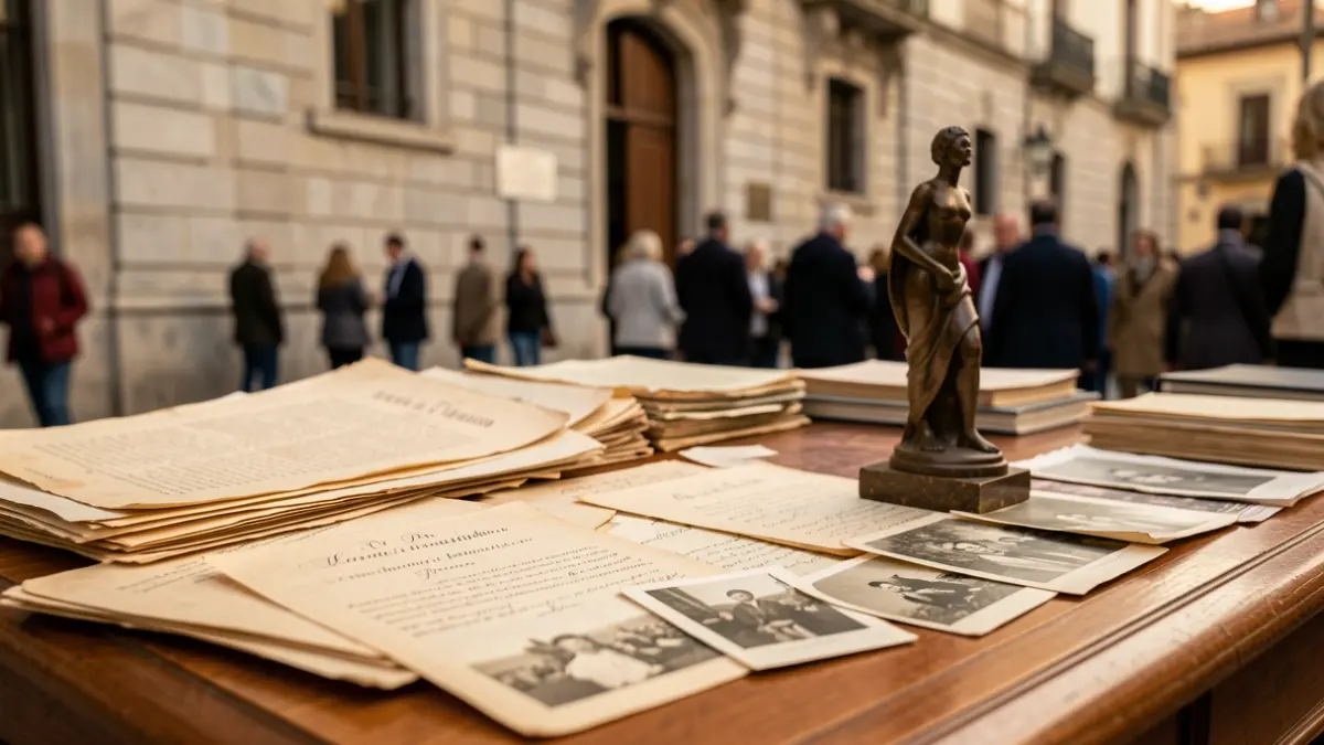 Primeira imaxe dunha colección de documentos antigos, fotografías e unha pequena escultura.