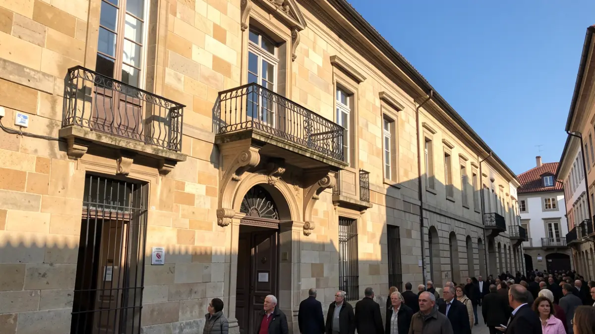 Imagen genérica de una fachada de ayuntamiento de piedra gallego con balcón ornamentado y barandillas de hierro, luz solar cálida de la tarde proyectando sombras en las paredes de arenisca, cielo azul, estilo fotográfico documental.