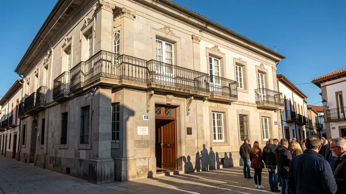 Fachada de granito de un ayuntamiento tradicional gallego en Outes, con balcones ornamentados y rejas de hierro, bajo la luz del sol de la tarde.