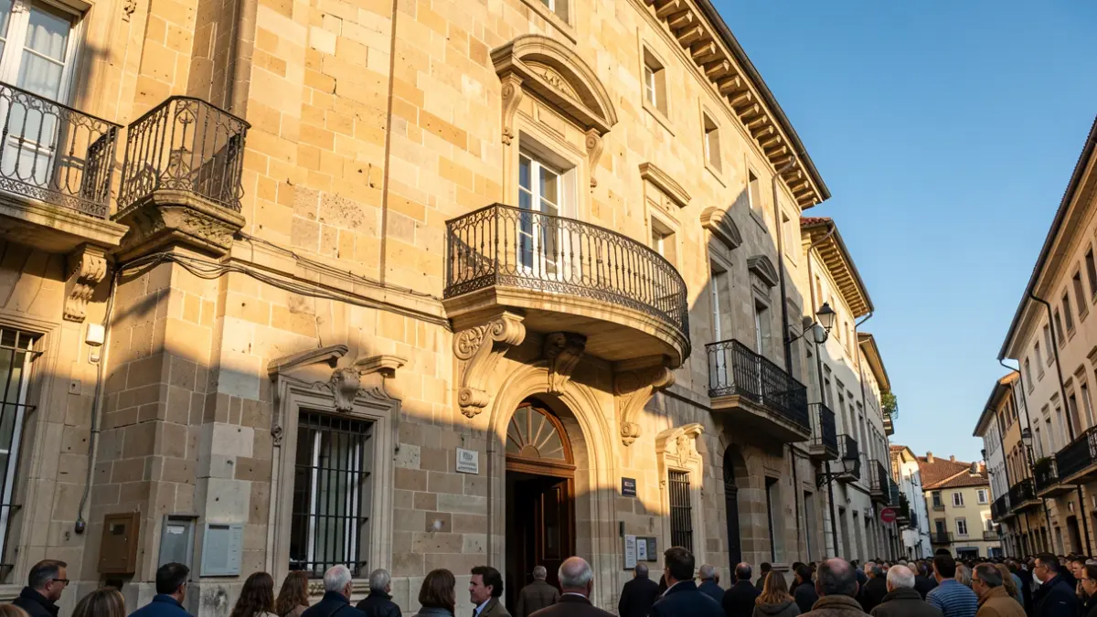 Imagen genérica de un edificio institucional con balcón de piedra y luz solar.