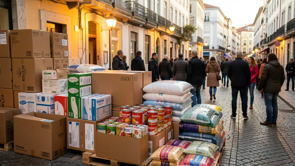 Punto de recollida de axuda humanitaria en A Coruña con caixas de material médico e alimentos.