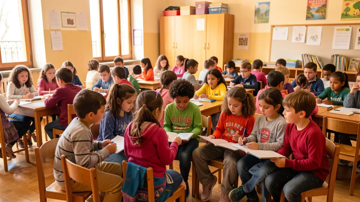Imaxe xenérica de nenos de diversas etnias aprendendo xuntos nunha aula en Galicia.