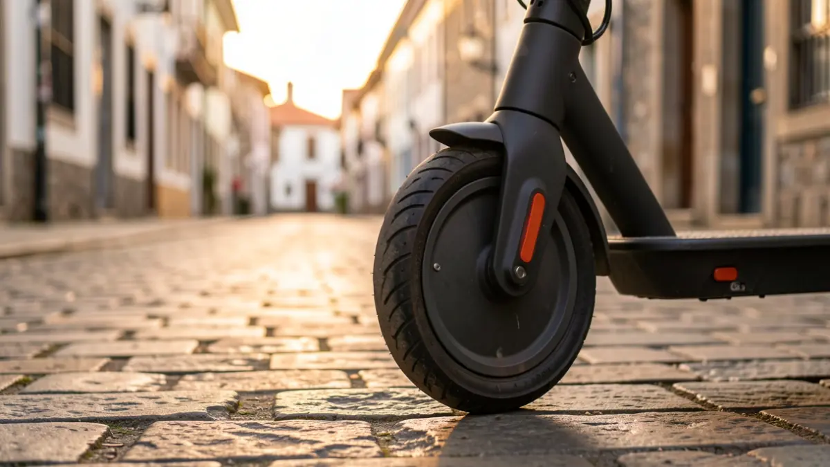 Imagen genérica de una rueda de patinete eléctrico en una calle de piedra gallega.
