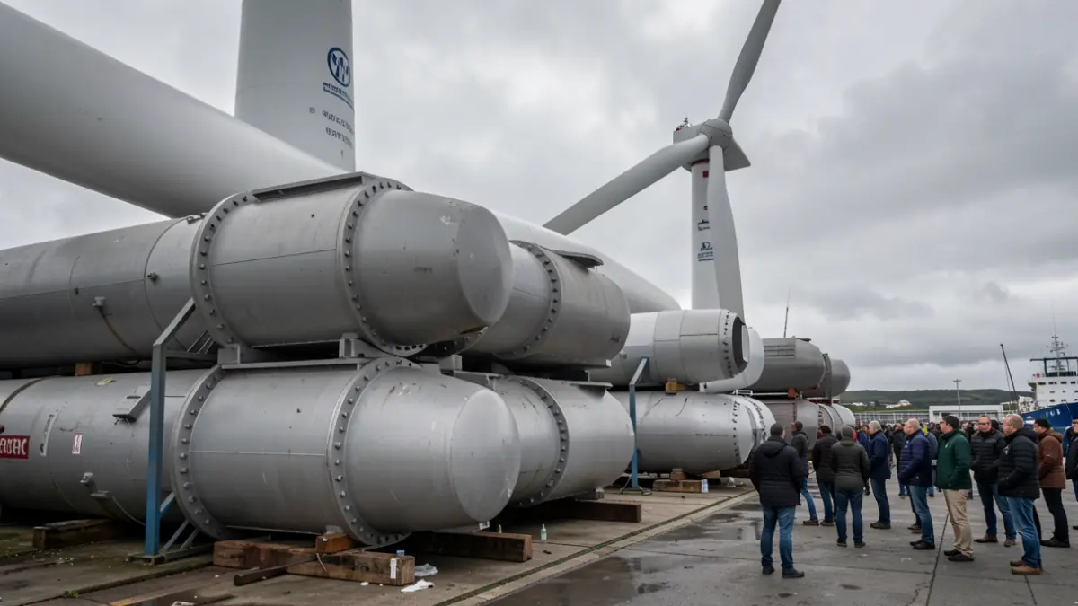 Imagen de grandes componentes industriales de turbinas eólicas, como jackets y monopiles, apilados en un astillero gallego bajo un cielo nublado.
