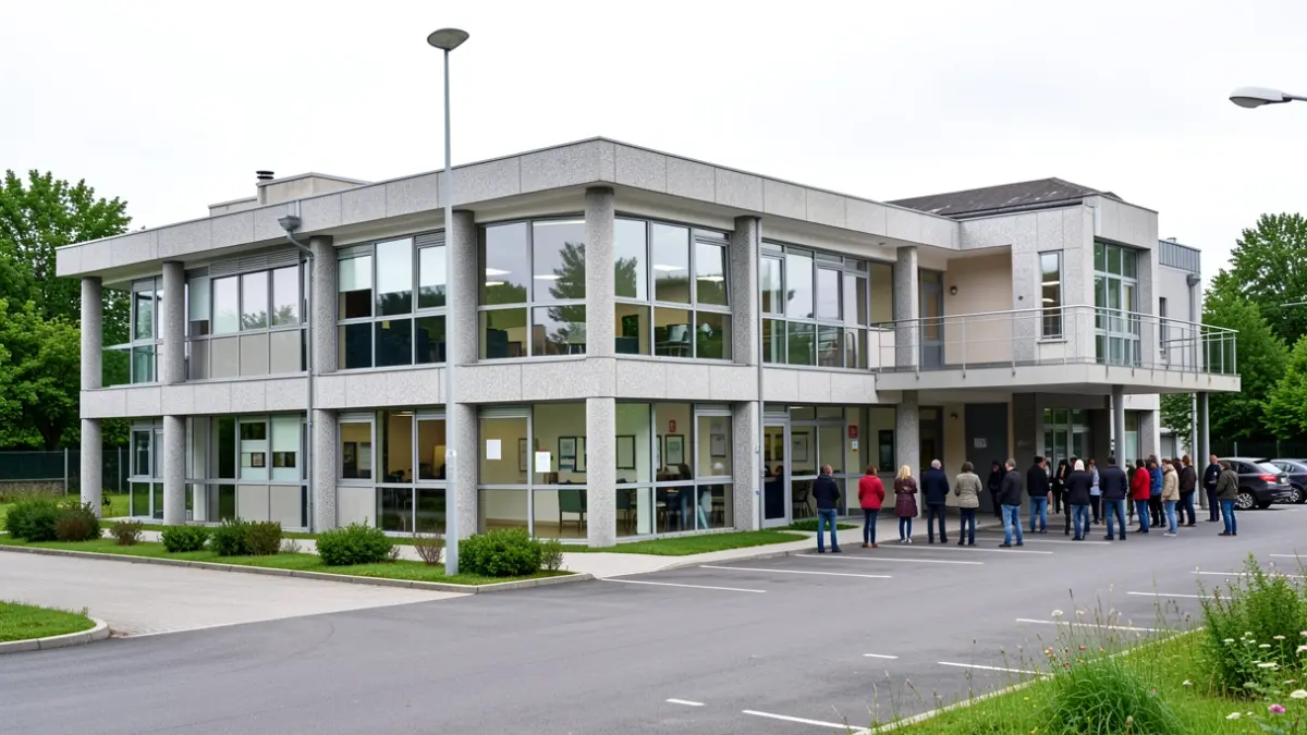 Fachada dun edificio educativo moderno con forma de U e dous andares, situado ao carón dun aparcadoiro dunha base militar en Galicia.