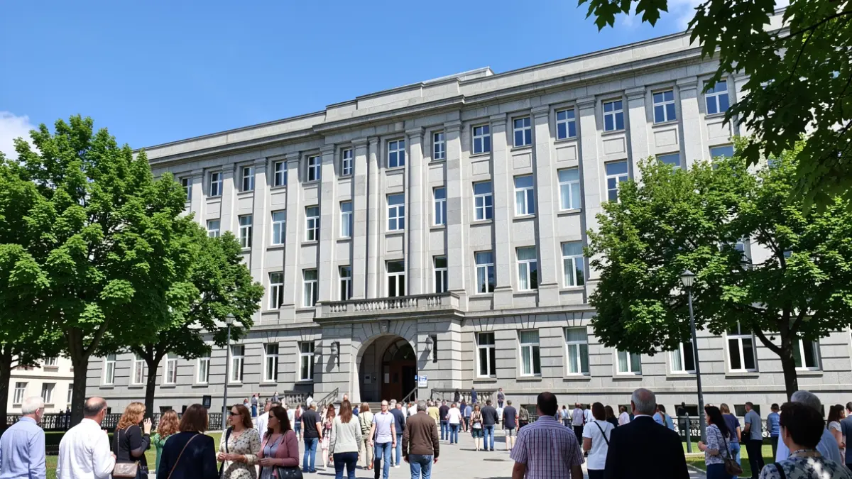 Imaxe xenérica da fachada dun edificio universitario de granito en Galicia.