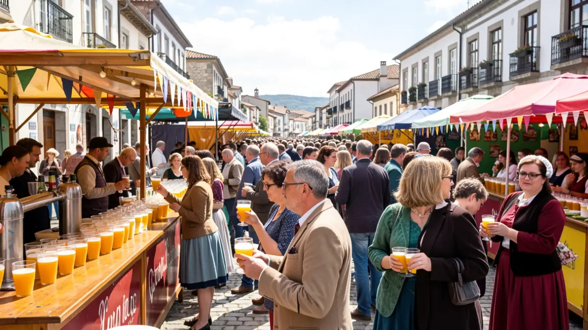 Imagen de una fiesta popular en Galicia con gente, puestos y mucha sidra.