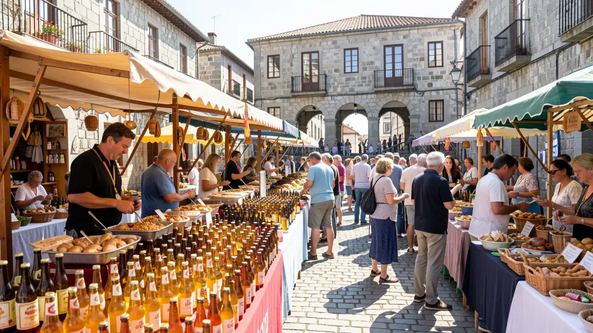 Imaxe dunha festa popular ao aire libre nunha praza galega con postos de sidra e xente gozando da música e a comida.
