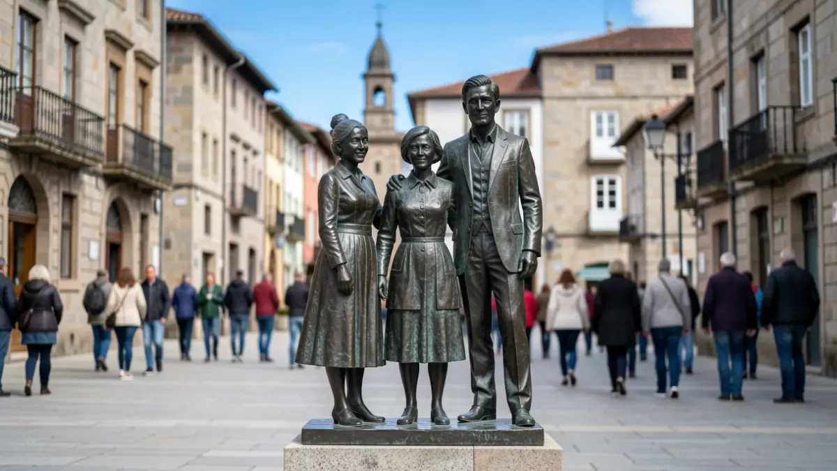 Escultura de bronce de una familia en A Estrada.