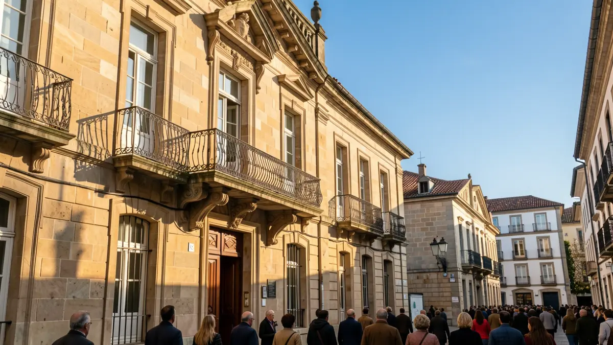 Imagen genérica de un ayuntamiento gallego de piedra con balcón y barandillas de hierro, luz solar de la tarde.