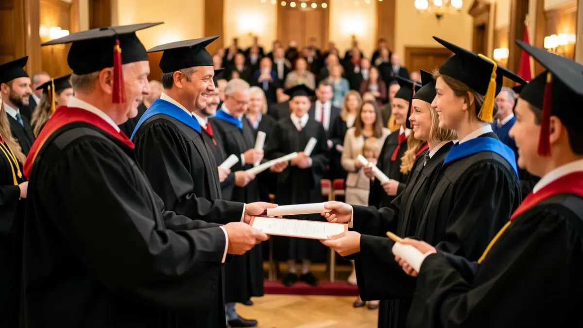 Imaxe xenérica dunha cerimonia de graduación universitaria, con estudantes recibindo diplomas.