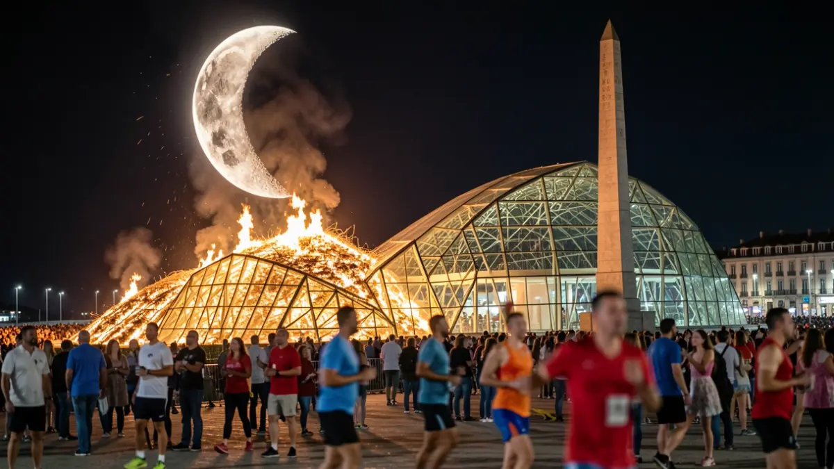Imaxe xenérica dunha falla de San Xoán en A Coruña que representa o eclipse, as galerías da Mariña e o Obelisco, con deportistas.