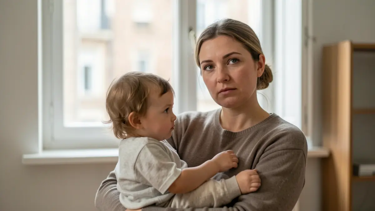 Imagen genérica de una mujer con un niño, en una habitación modesta pero limpia, con luz natural.
