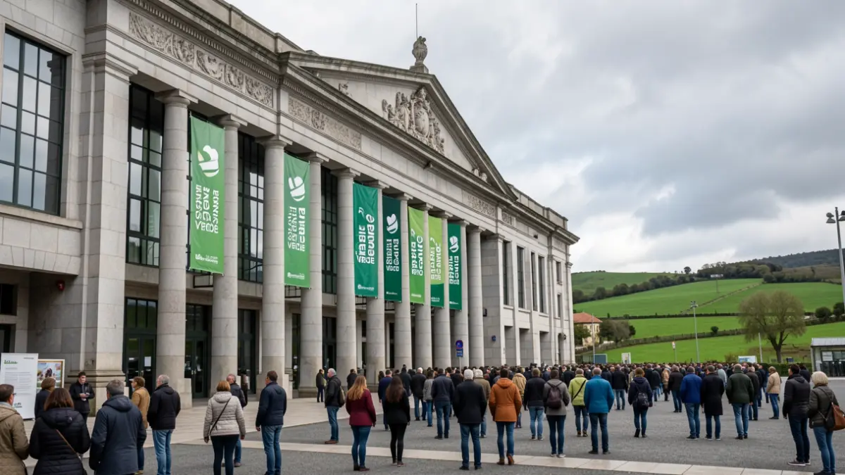 Imaxe xenérica dun pavillón de feiras en Galicia con bandeiras da 'Feira Abanca Semana Verde'.