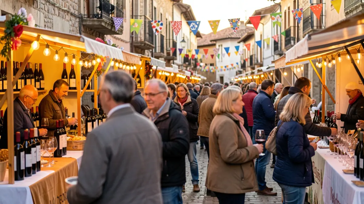 Ambiente festivo na Feira do Viño de Valdeorras con xente degustando viños.