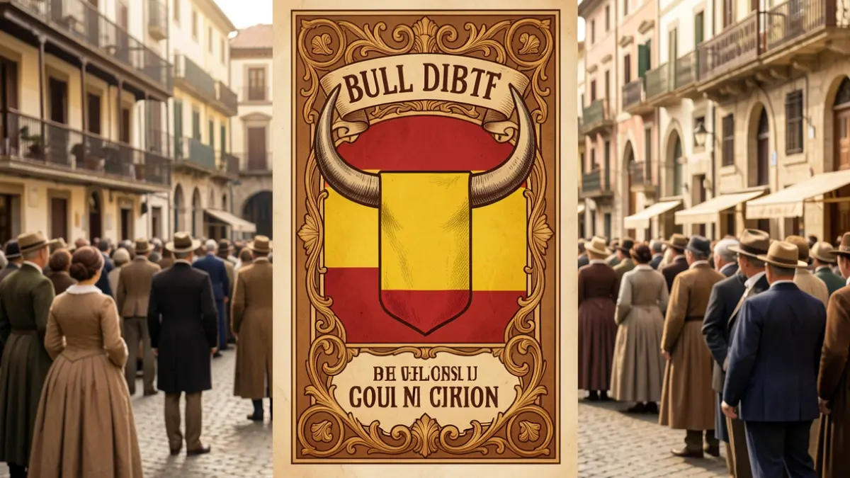 Imagen de un cartel taurino tradicional con diseños intrincados y motivos de la bandera española.