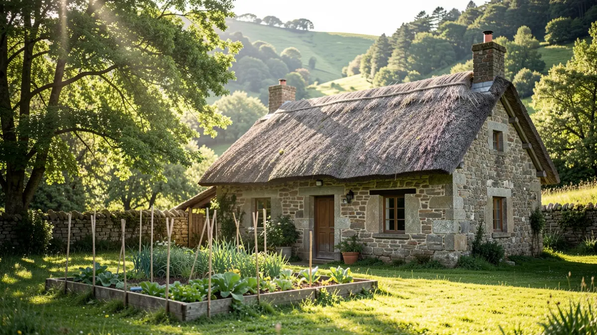 Imagen de una casa rural de piedra en un valle gallego con huerto.