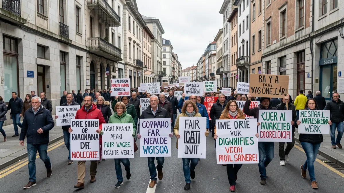 Imagen genérica de manifestantes marchando por las calles de Galicia con carteles sobre salarios dignos.