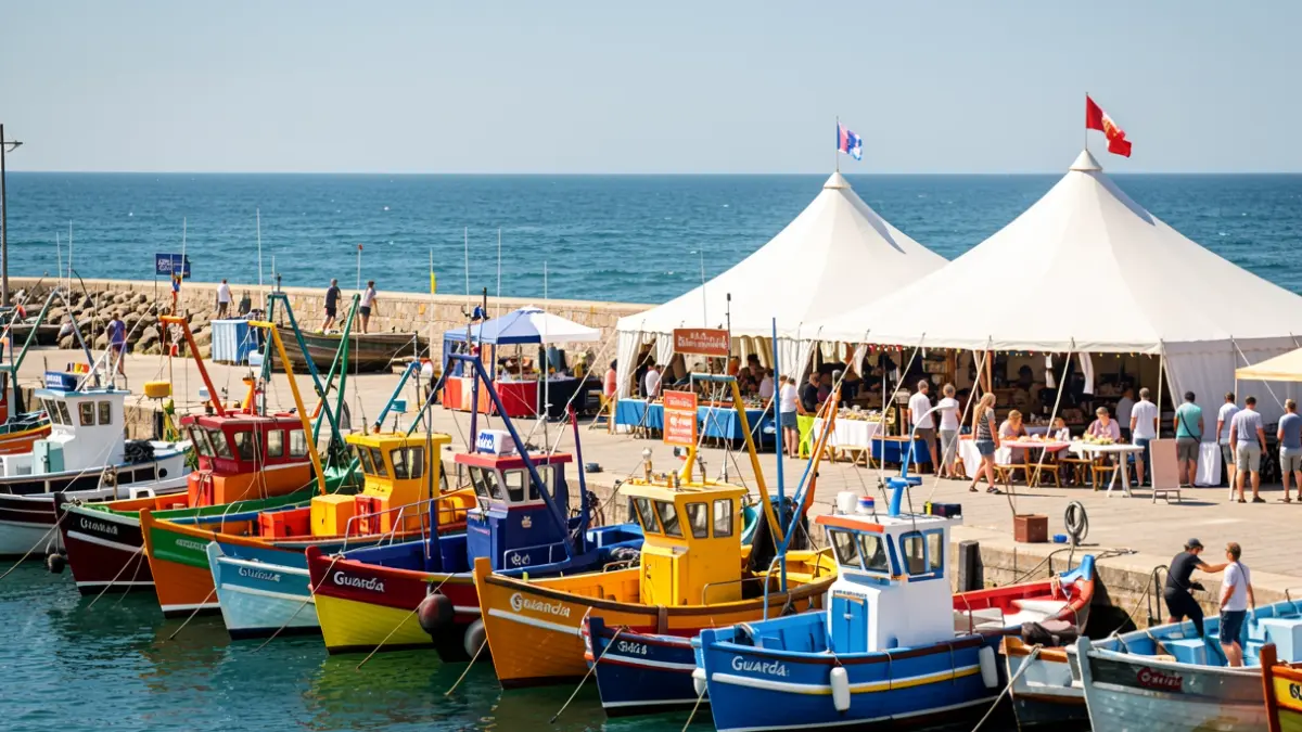 Imaxe xenérica do porto de A Guarda con barcos e unha carpa de festa.