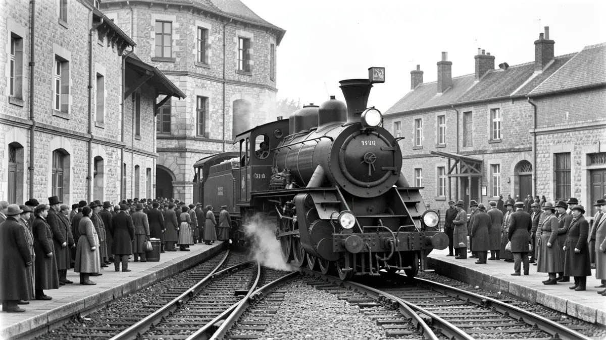 Imaxe histórica dun tren de vapor chegando a unha estación antiga.