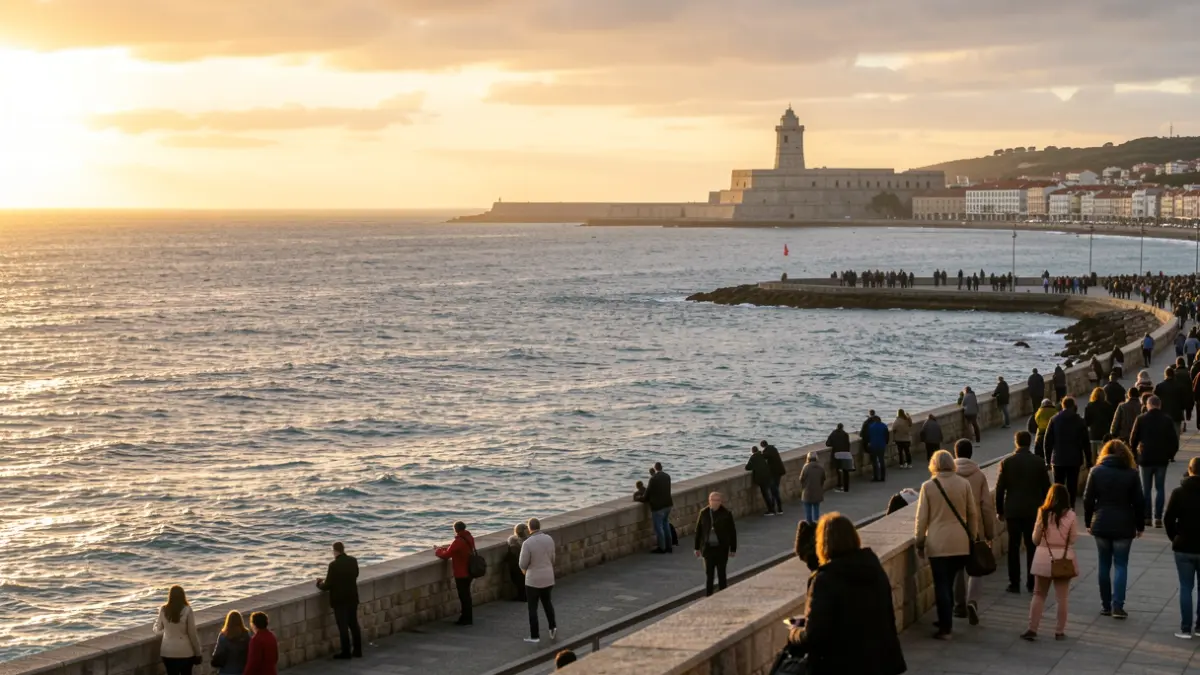 Vista da costa da Coruña ao atardecer coa Torre de Hércules ao fondo.