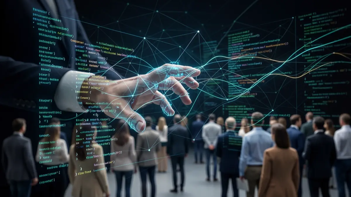 Imaxe xenérica de tecnoloxía e intelixencia artificial con liñas de código e fluxos de datos.