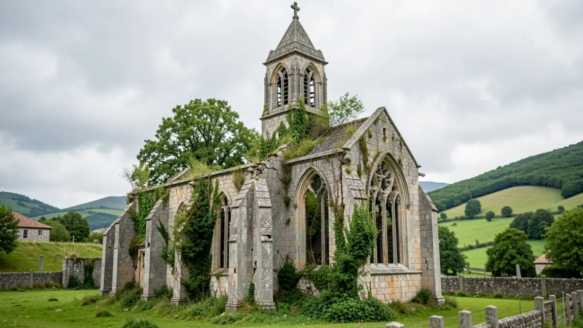 Imagen genérica de una iglesia rural en ruinas en Galicia, con vegetación y muros agrietados.