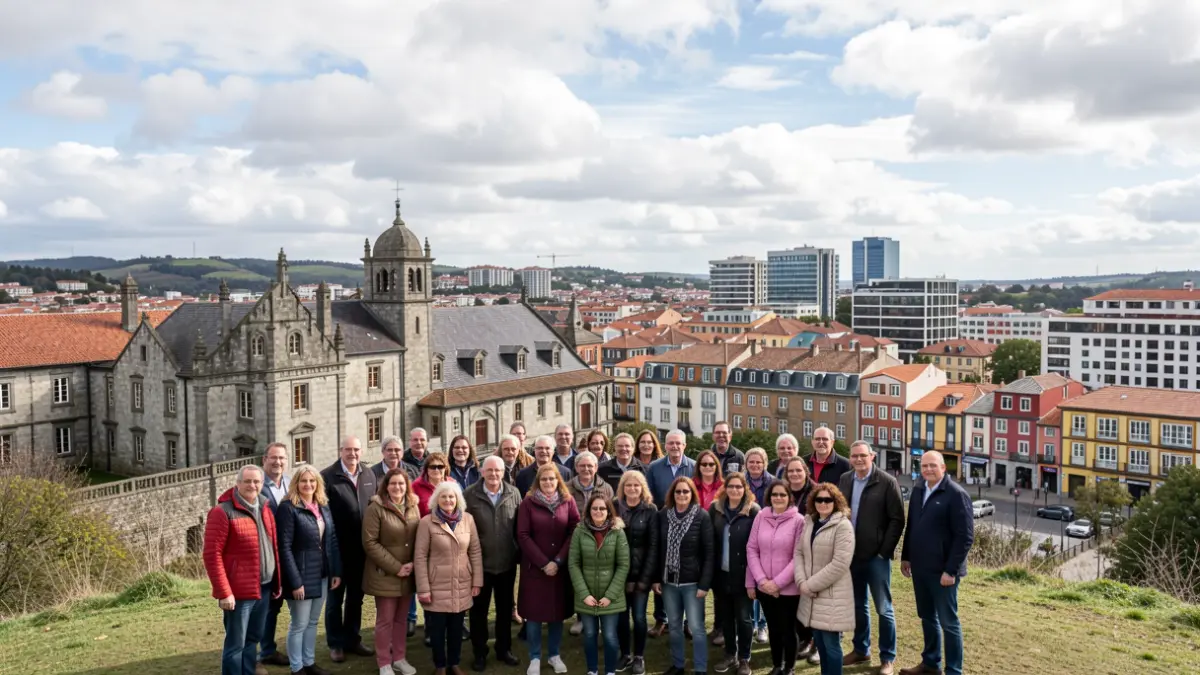 Imaxe xenérica dun grupo diverso de persoas mirando cara á cidade de Ourense.