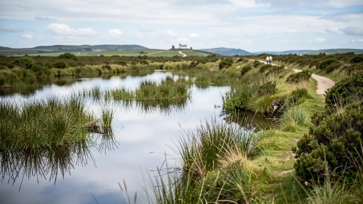 Imagen genérica de una laguna gallega con sendero y vegetación.