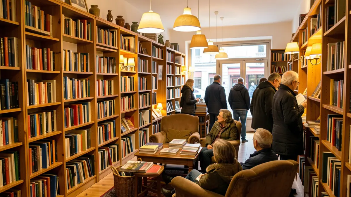 Imagen genérica de una librería gallega acogedora con muchos libros y un rincón de lectura.
