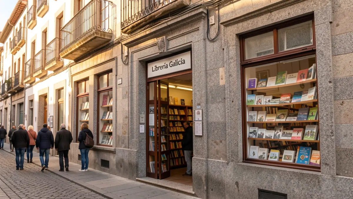Fachada dunha librería tradicional de granito en Lugo con carteis de libros e xornais.