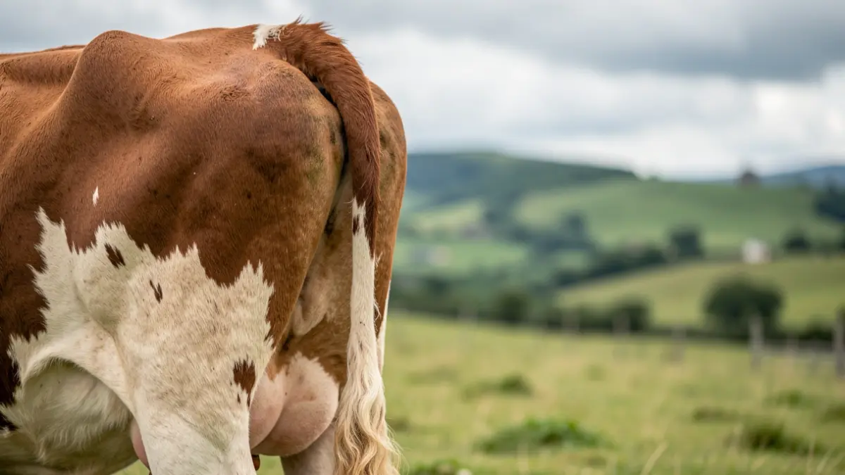 Imagen de una vaca en un prado gallego, con énfasis en la parte trasera.