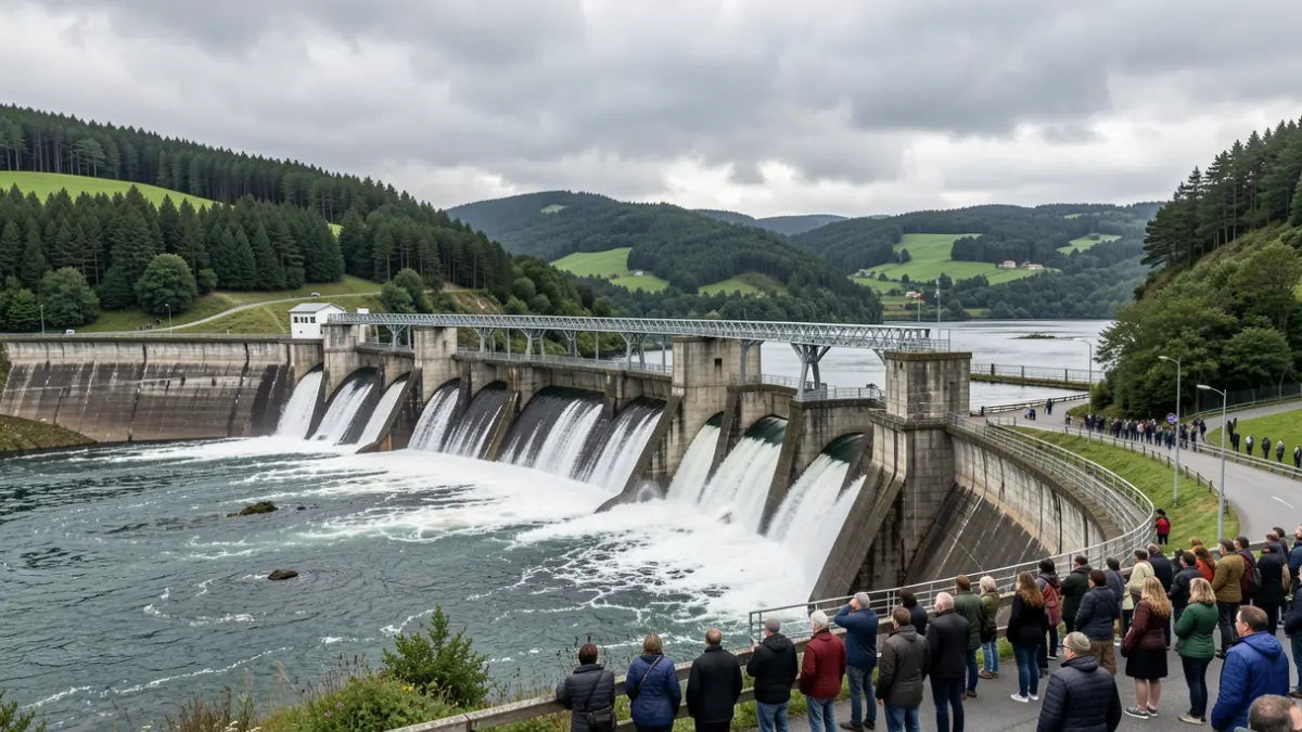 Imagen genérica de una gran presa hidroeléctrica gallega con agua y alrededores verdes.