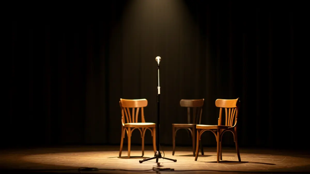 Imaxe xenérica dun escenario de teatro con focos e cadeiras.