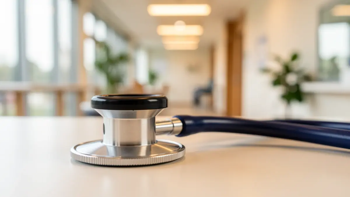 Imagen genérica de un estetoscopio sobre un fondo desenfocado de un centro de salud.