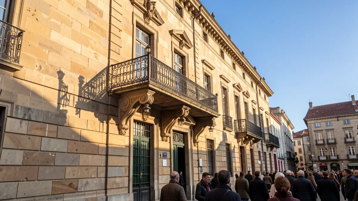 Imaxe xenérica dun concello galego de pedra con balcón ornamentado e raís de ferro, luz solar cálida da tarde.