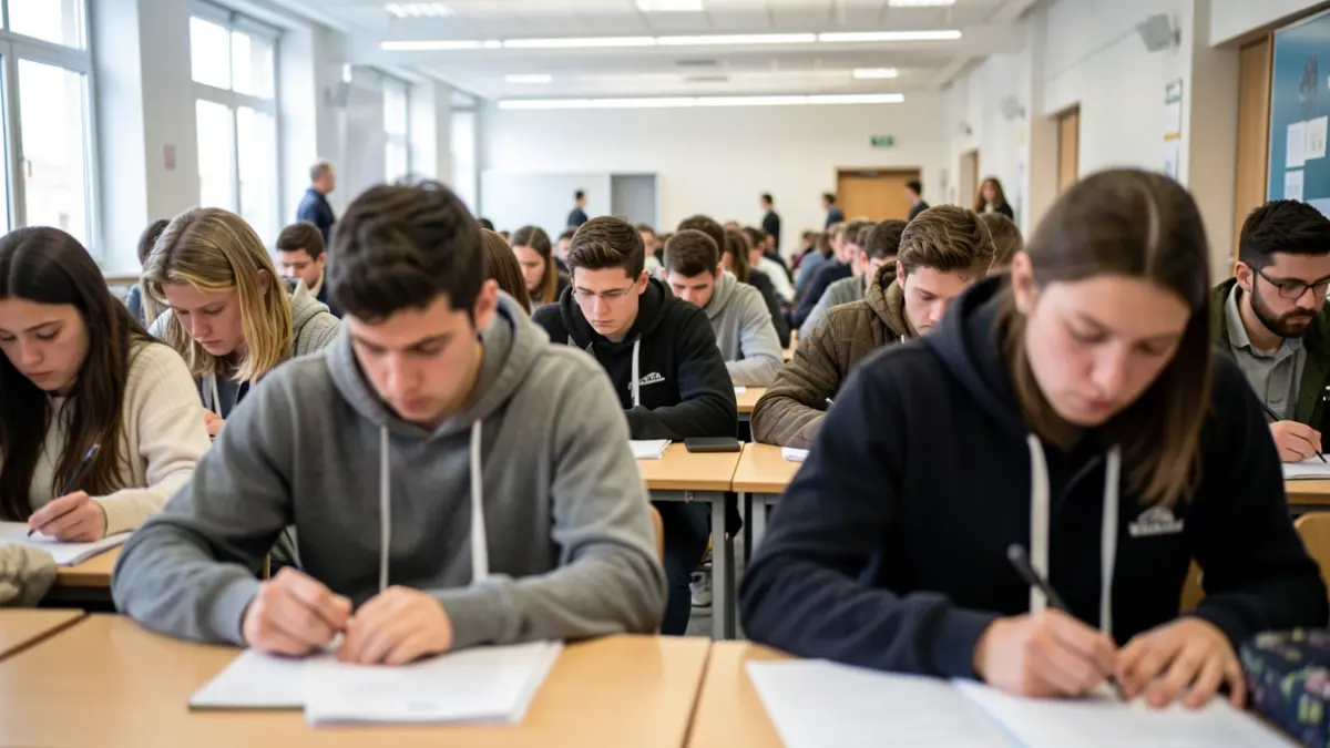 Imagen genérica de estudiantes concentrados durante los exámenes de la PAU en una sala de exámenes en Vigo.